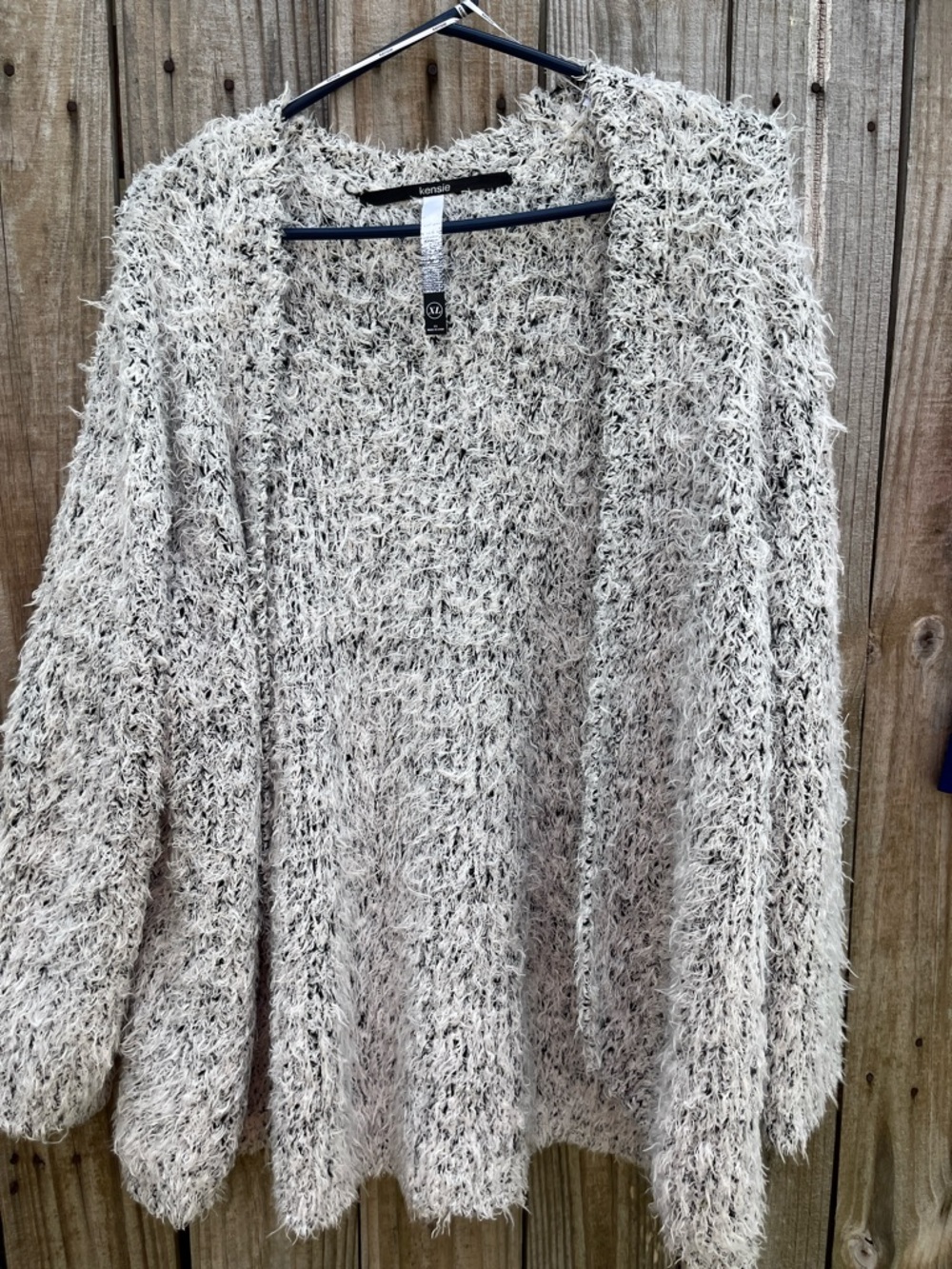 kensie Fuzzy Open-Front Cardigan in Heathered Cream and Black